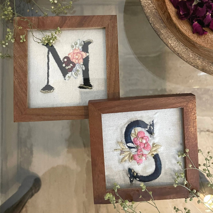 Personalized Initials Sheesham Wood Embroidered Coaster | Set of 2