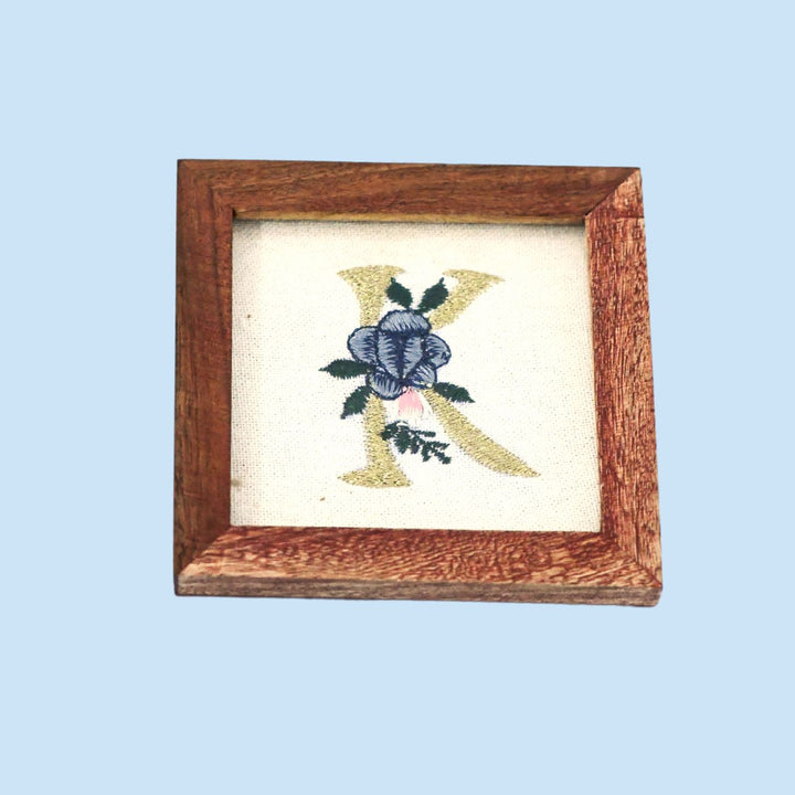 Personalized Initials Sheesham Wood Embroidered Coaster | Set of 2