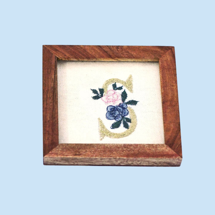 Personalized Initials Sheesham Wood Embroidered Coaster | Set of 2