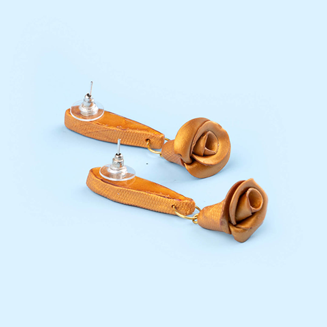 Handcrafted Clay Golden Rose Earrings