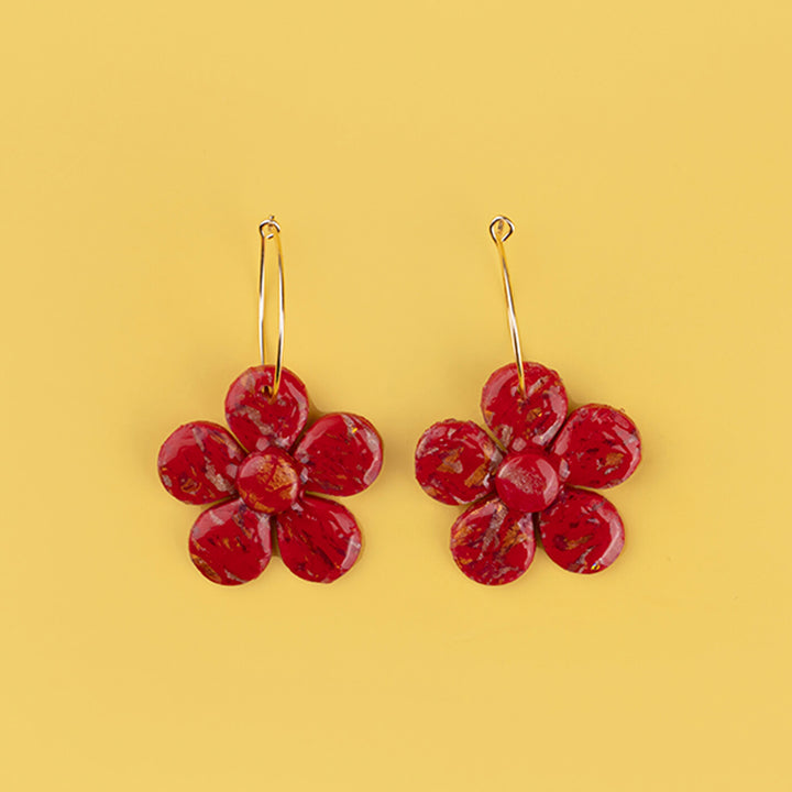 Handcrafted Red & Gold Clay Hoop Earrings