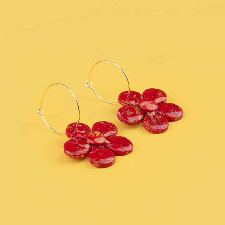 Handcrafted Red & Gold Clay Hoop Earrings