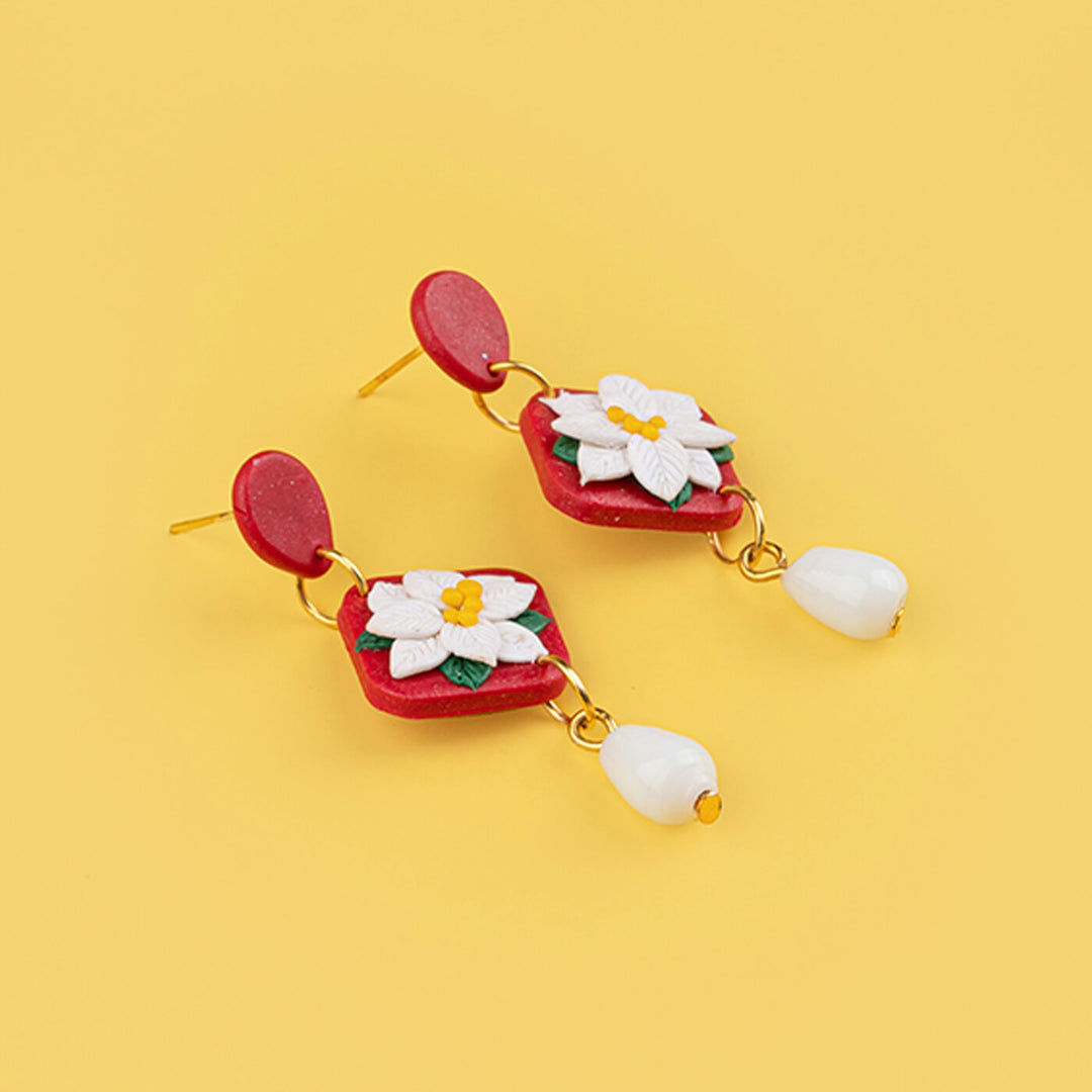 Buy Handcrafted Clay Red White Floral Earrings Online On Zwende