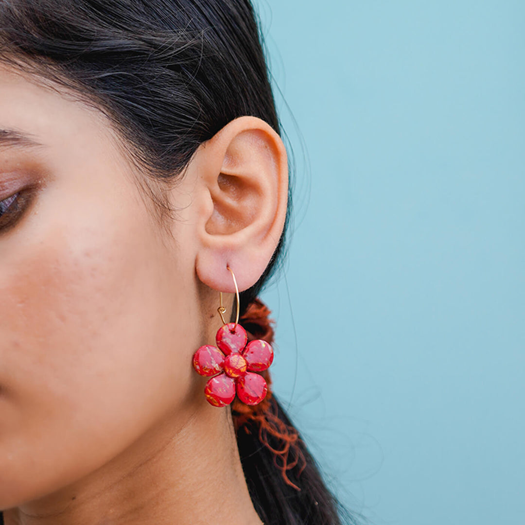 Handcrafted Red & Gold Clay Hoop Earrings