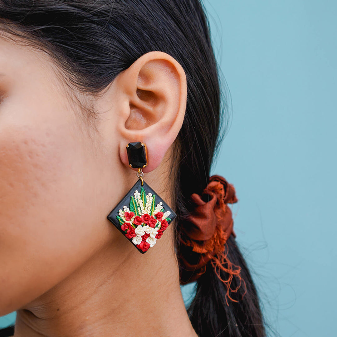 Handcrafted Red Rose Clay Earrings