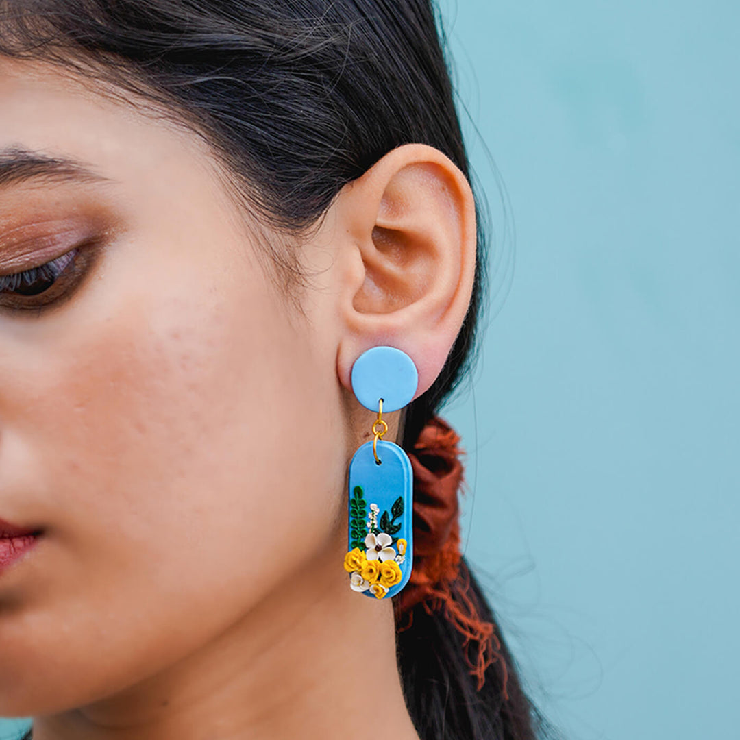 Handcrafted Clay Blue Floral Earrings