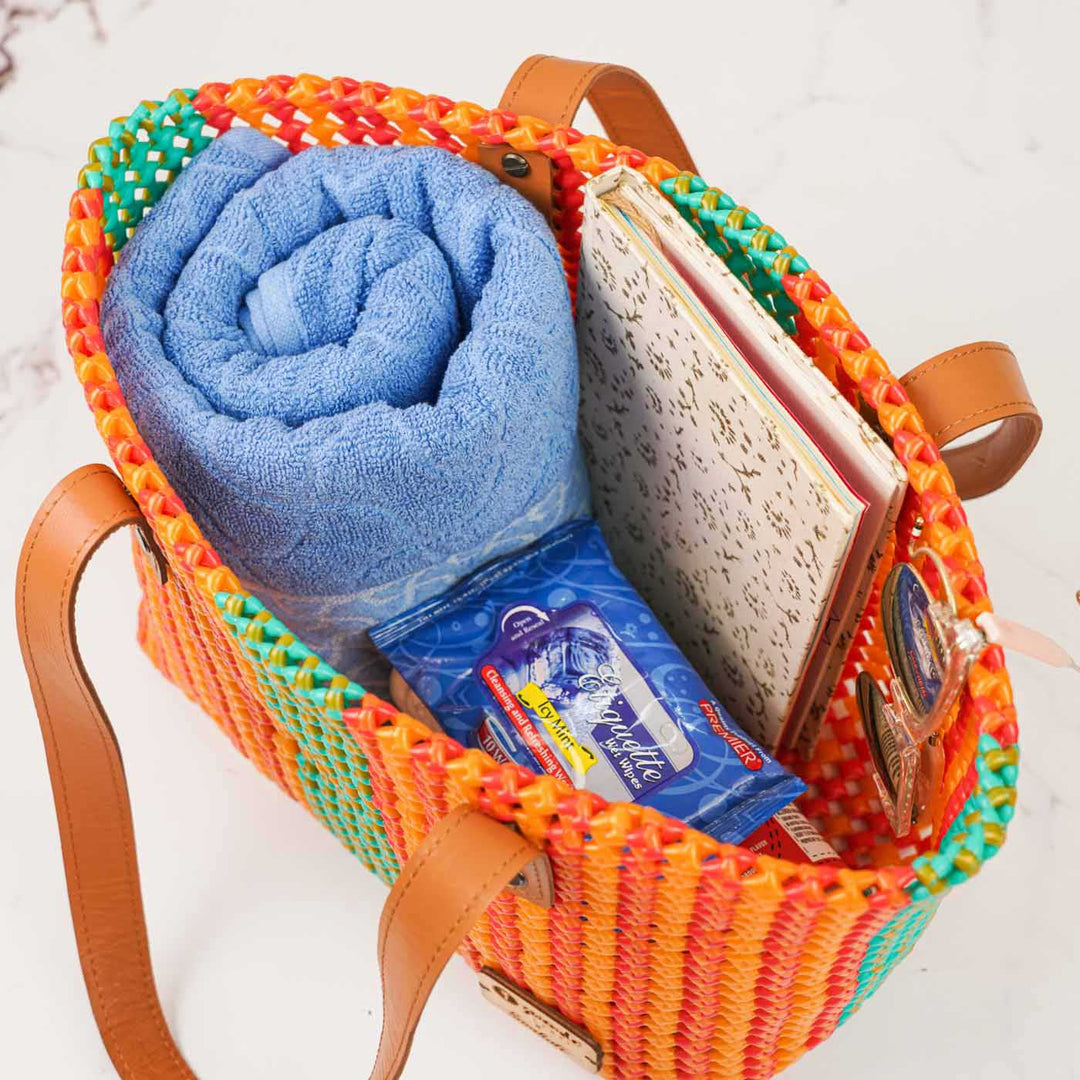 Orange and Green Mukhya Knot Handmade Koodai Tote Bag