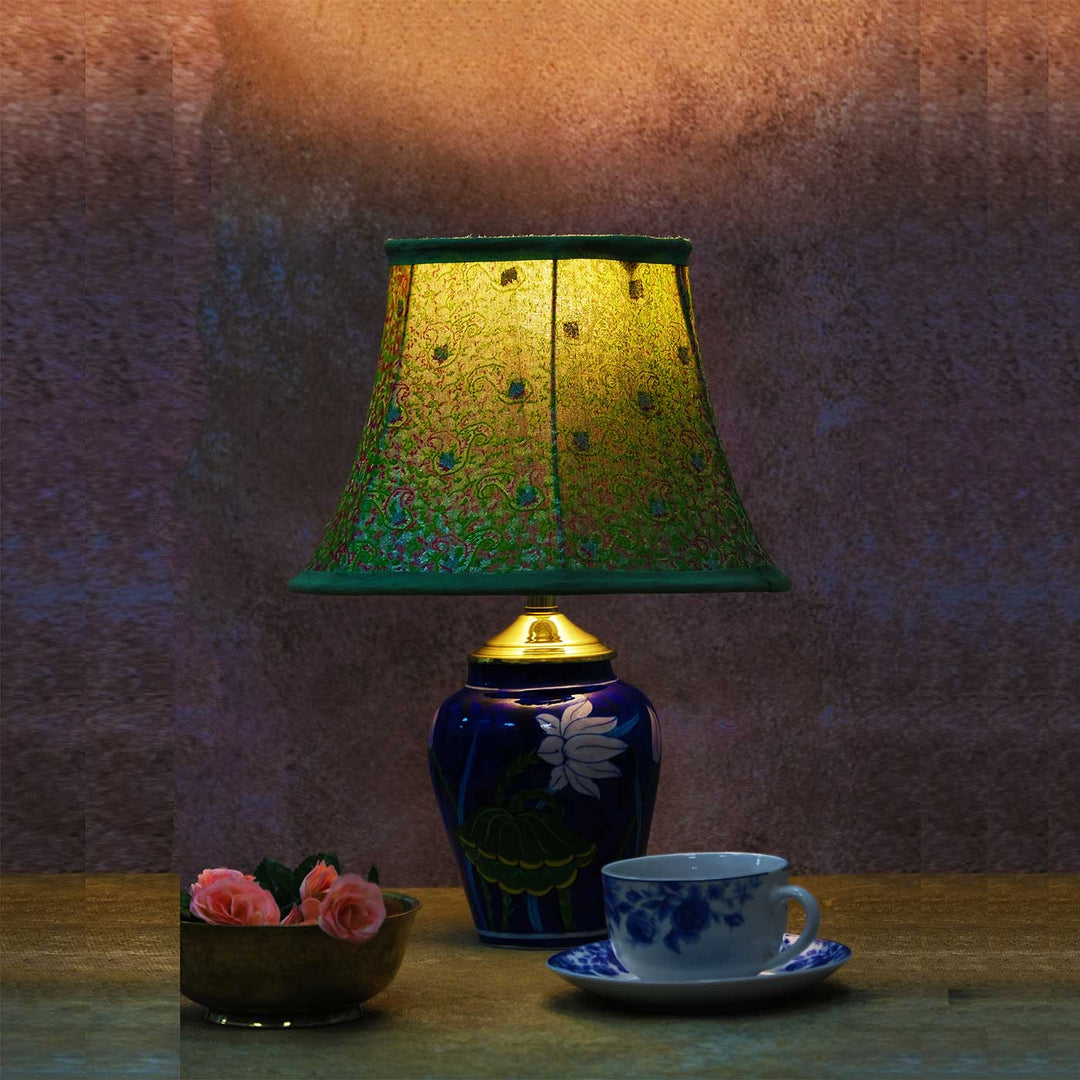 Hand-Embroidered Brocade Bell & Blue Pottery Lamp