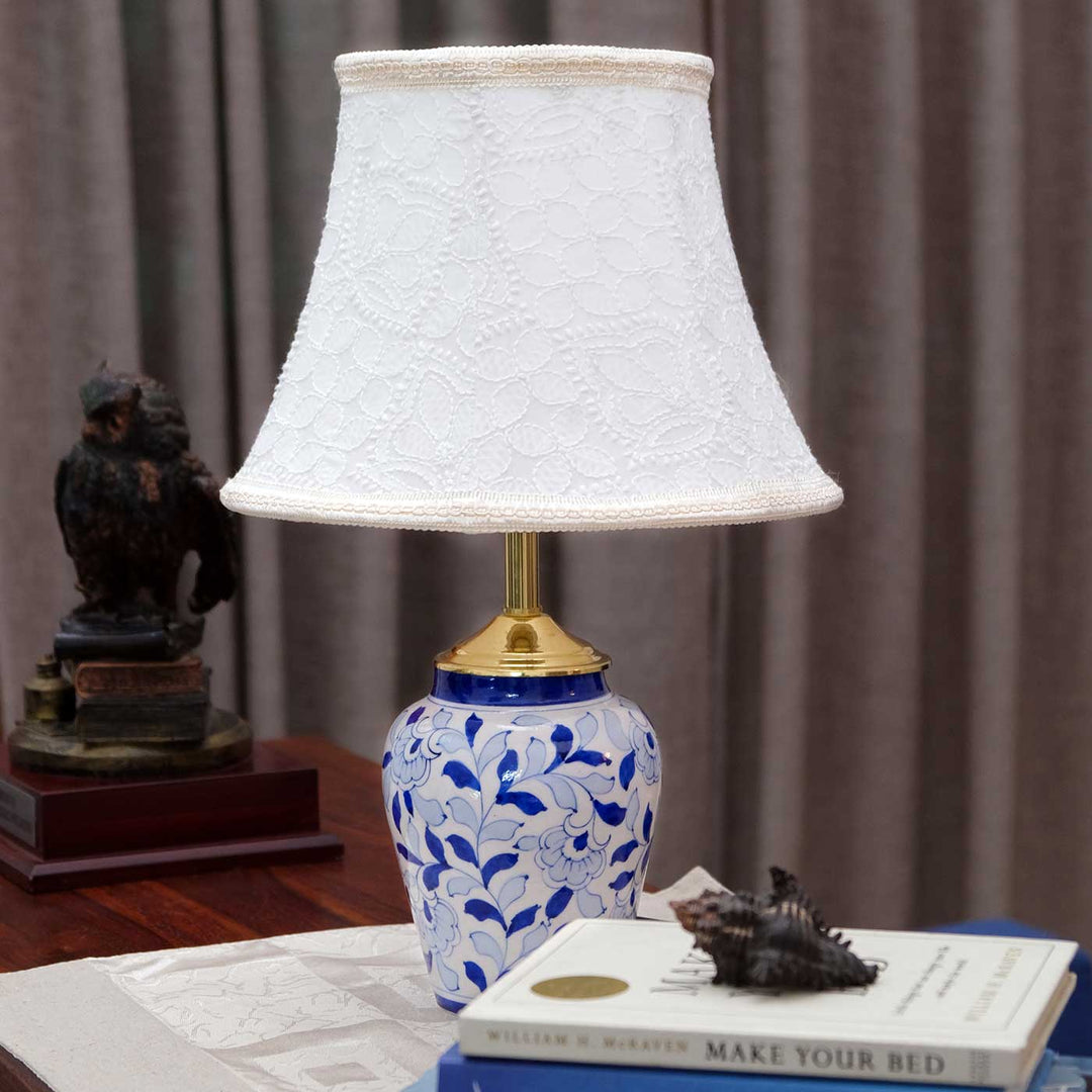 Hand-Embroidered Chikankari Phool & Blue Pottery Lamp