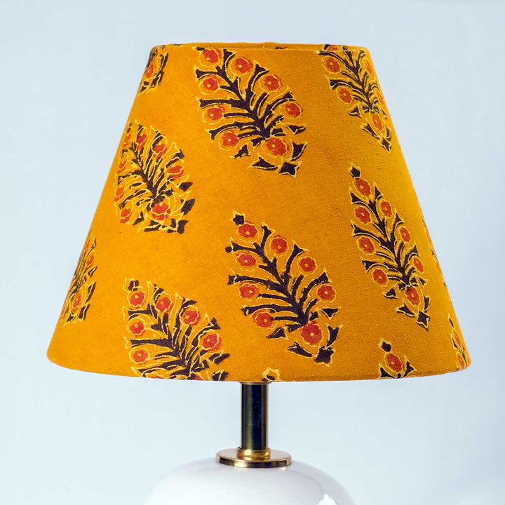 Kalamkari Mustard Block Print Cone & Blue Pottery Lamp
