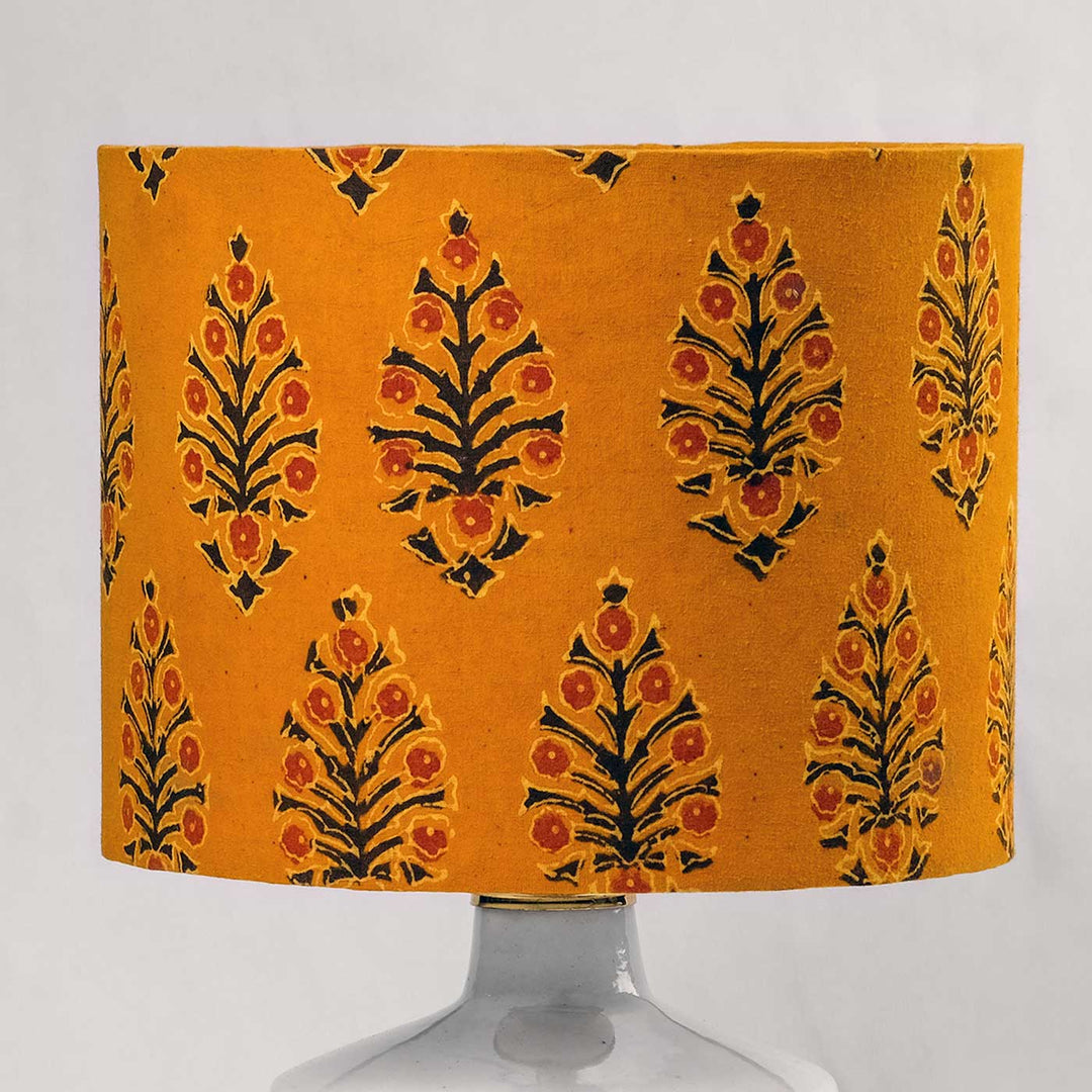 Kalamkari Mustard Block Print Drum & Blue Pottery Lamp