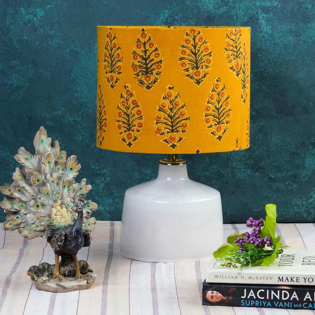 Kalamkari Mustard Block Print Drum & Blue Pottery Lamp