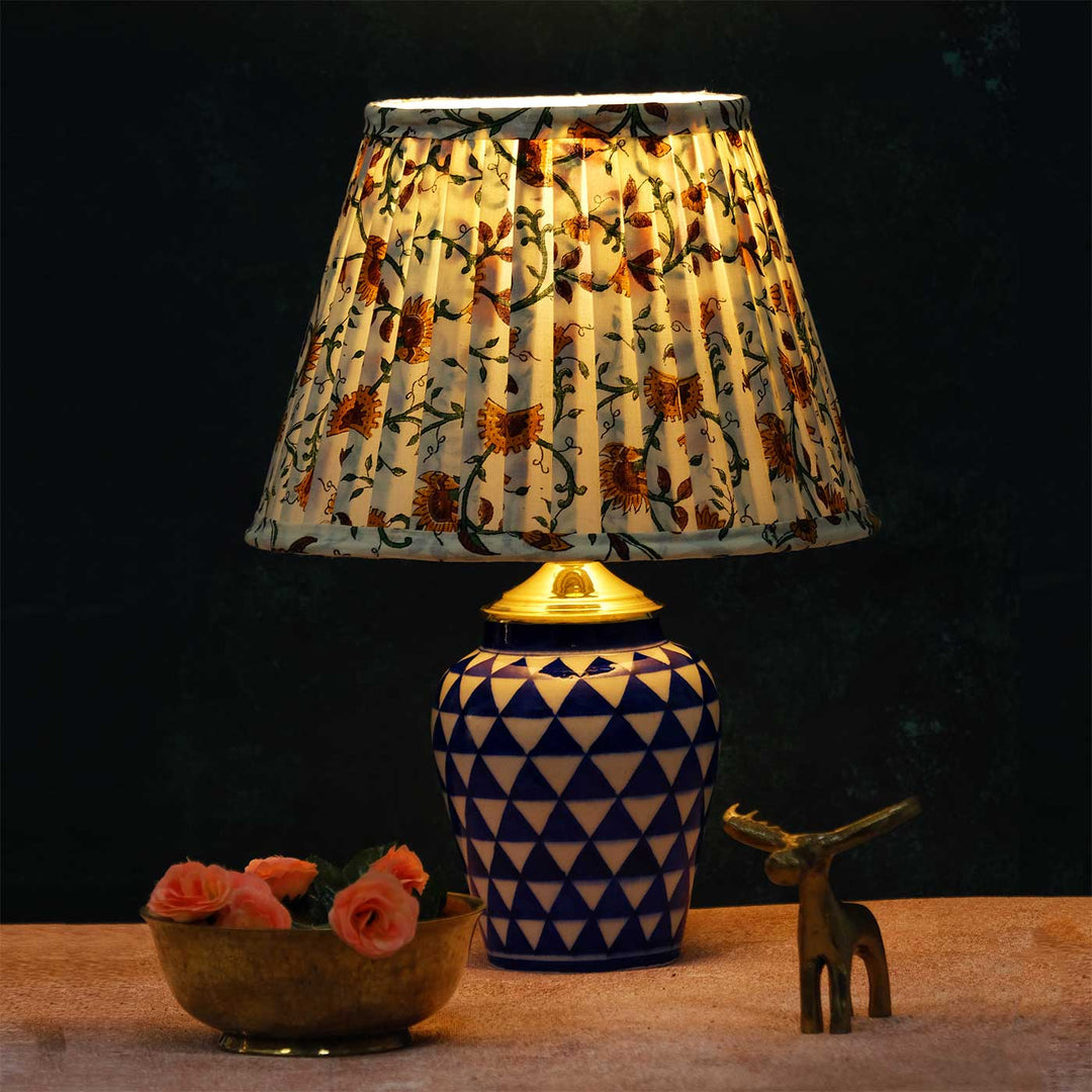 Marigold Block Print Pleated Fabric & Blue Pottery Lamp
