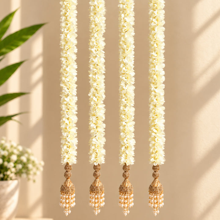 2 pc | Handmade Jasmine Artificial Flower Hanging with Pearl Tassels & Stone Work