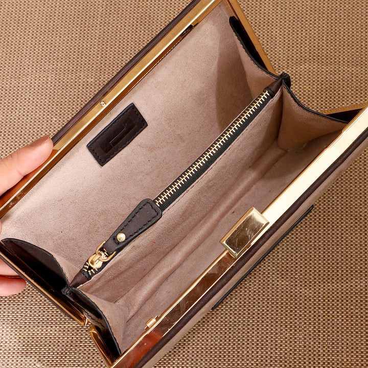 Personalized Taupe Brick Leather Clutch With Sling