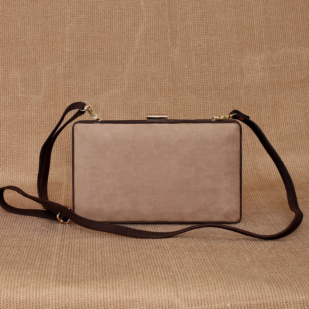 Personalized Taupe Brick Leather Clutch With Sling