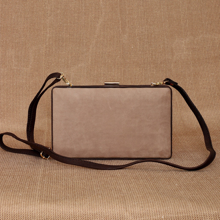 Personalized Taupe Brick Leather Clutch With Sling