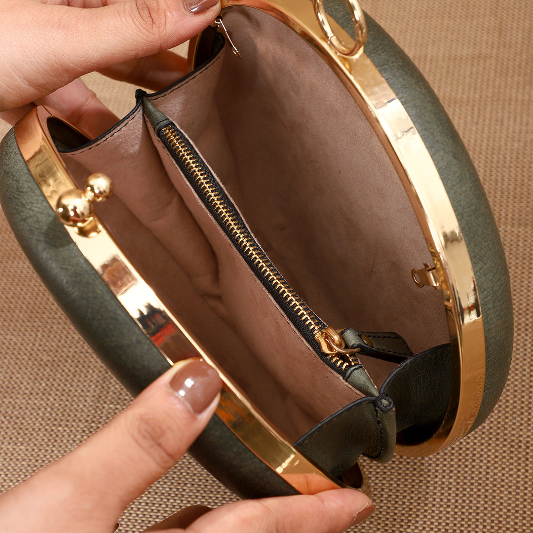 Personalized Green Round Leather Clutch With Sling