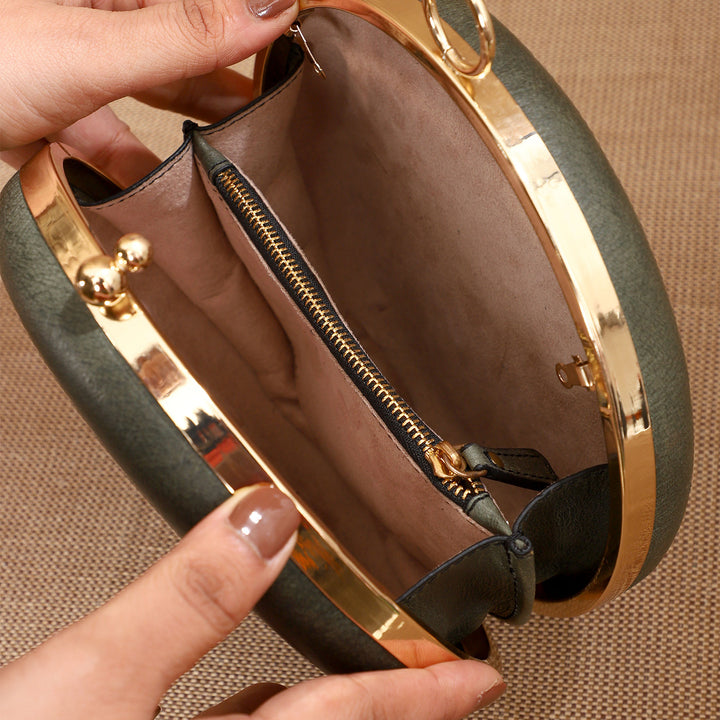 Personalized Green Round Leather Clutch With Sling