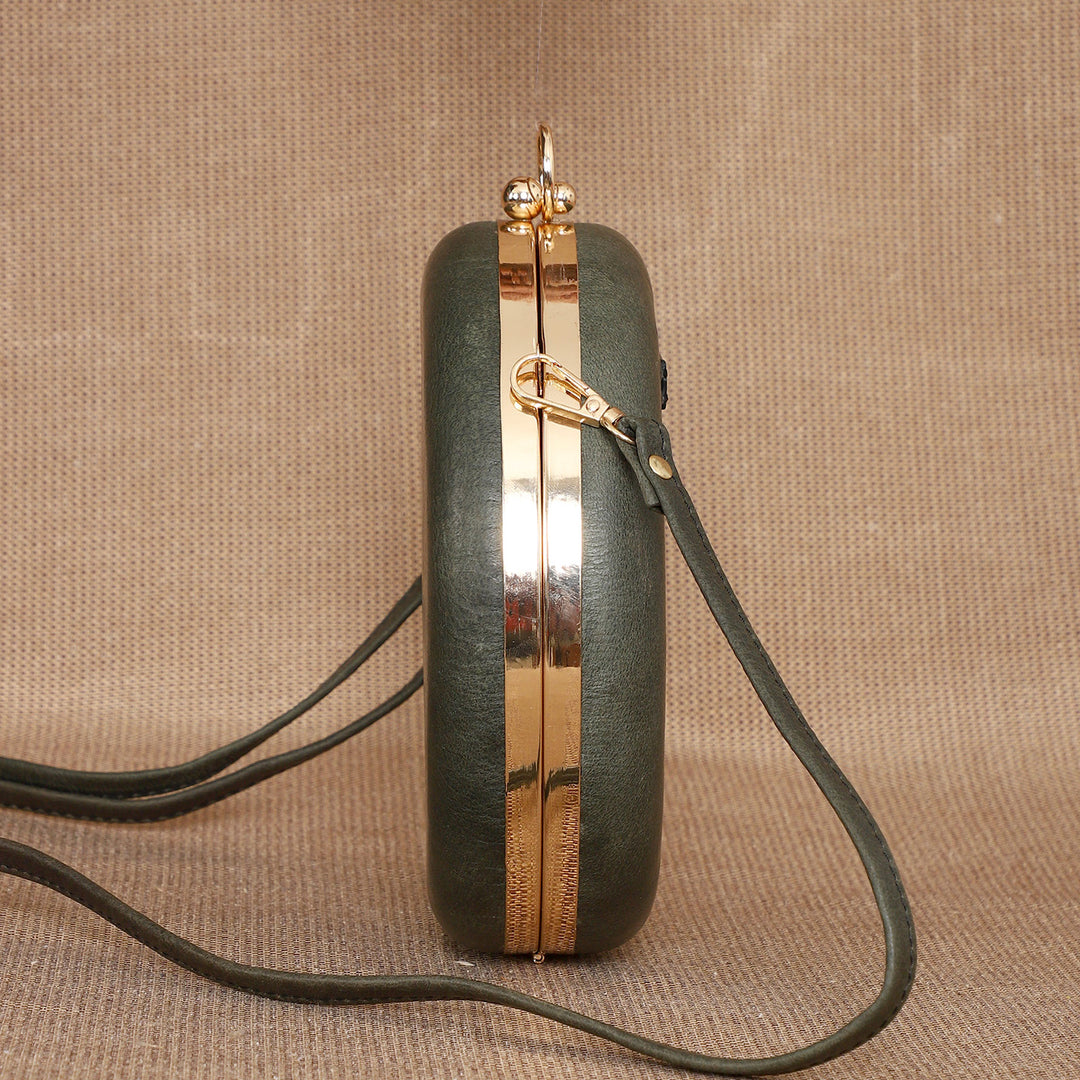 Personalized Green Round Leather Clutch With Sling