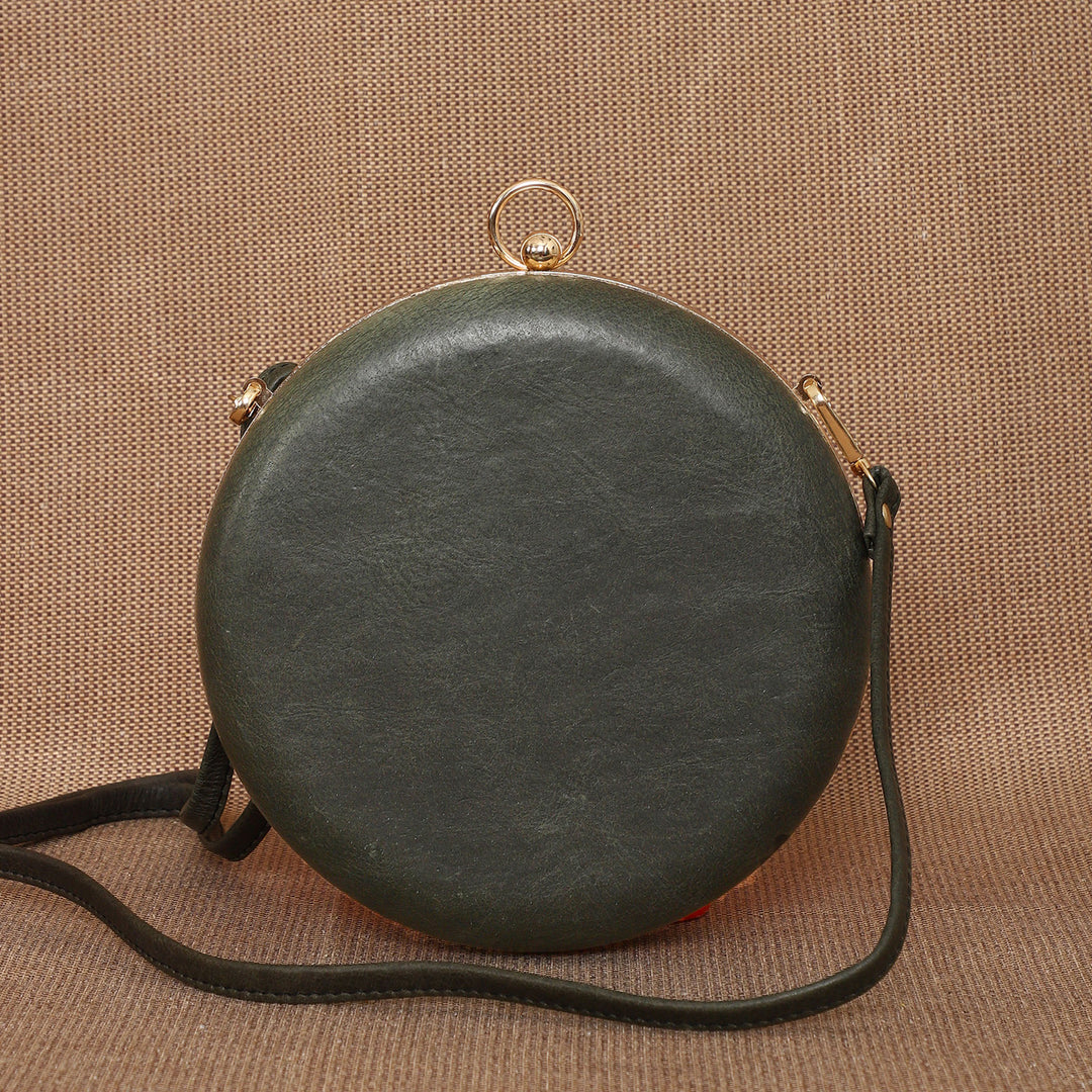 Personalized Green Round Leather Clutch With Sling