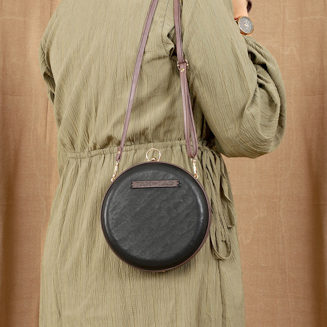 Personalized Black Round Leather Clutch With Sling