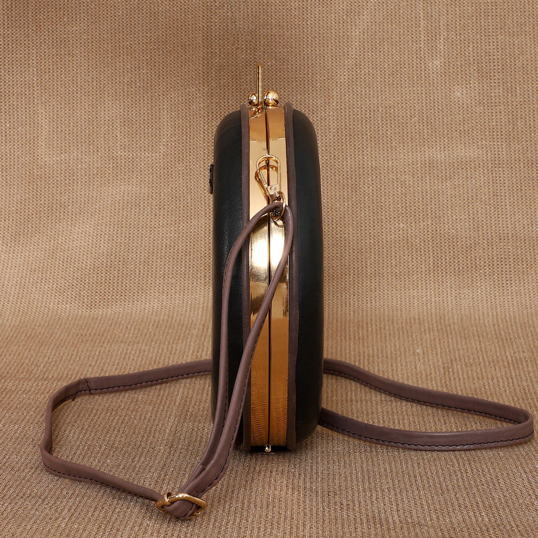 Personalized Black Round Leather Clutch With Sling