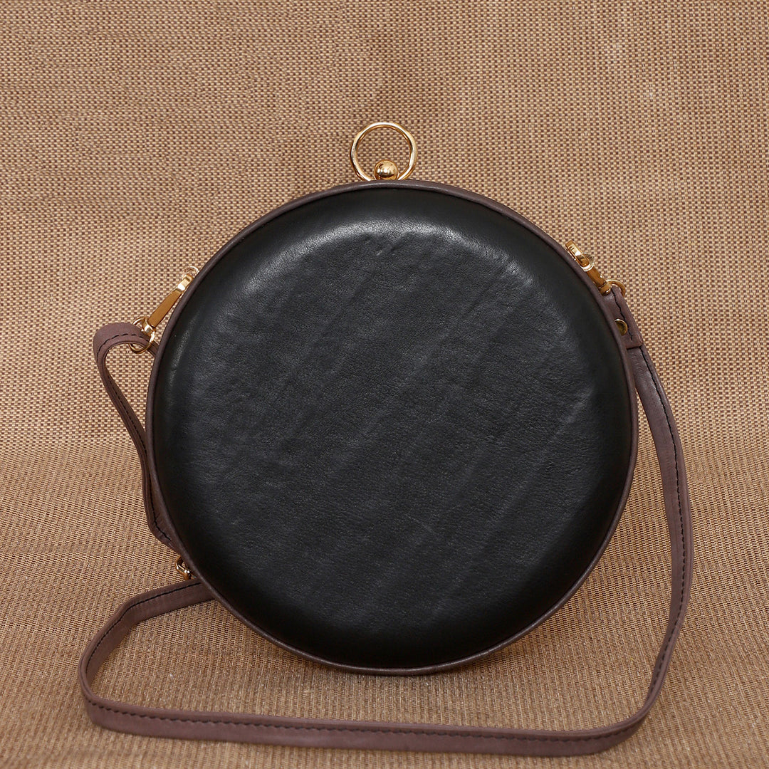 Personalized Black Round Leather Clutch With Sling