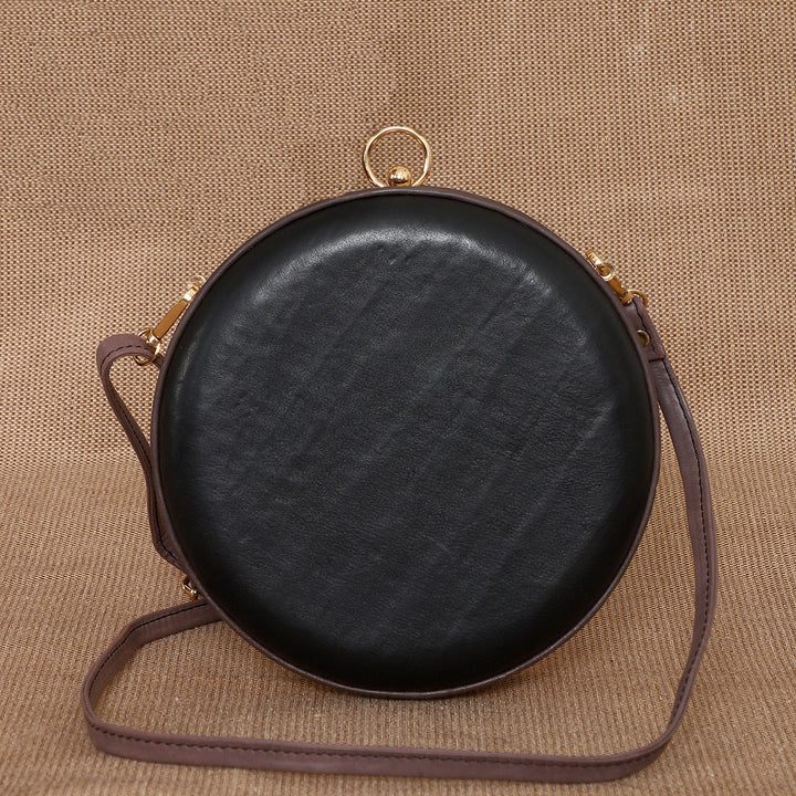 Personalized Black Round Leather Clutch With Sling