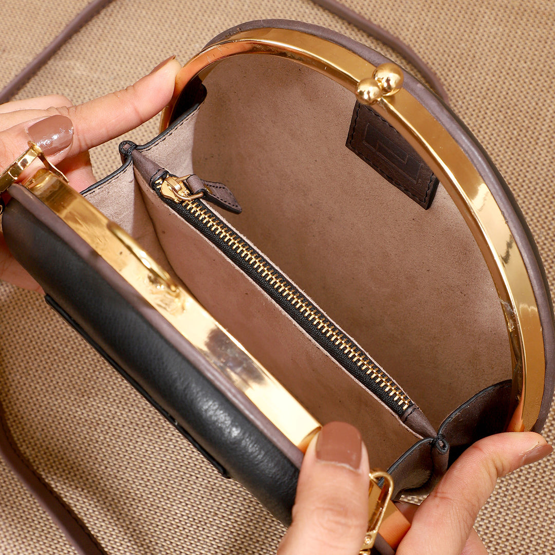 Personalized Black Round Leather Clutch