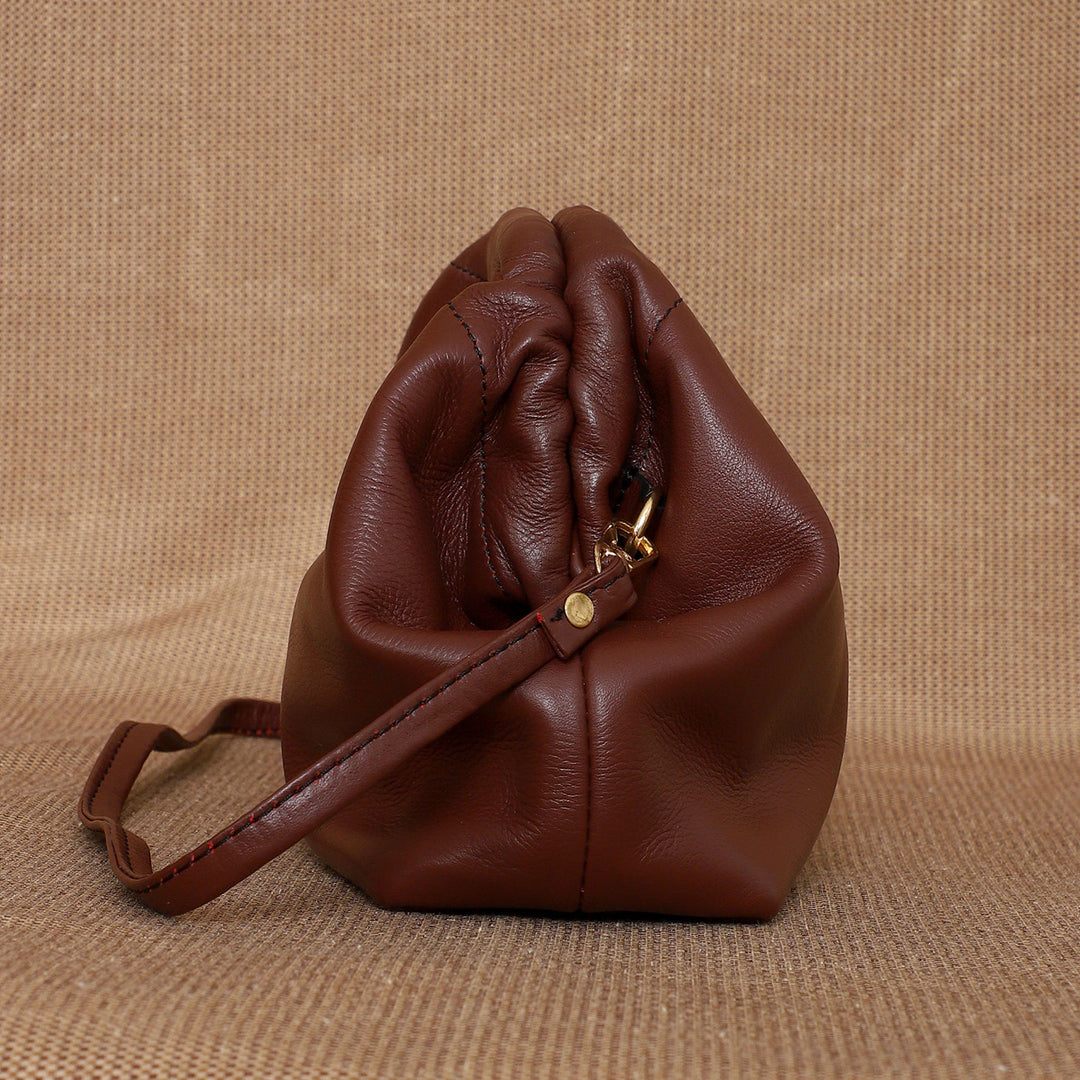 Personalized Maroon Slouch Leather Clutch With Sling
