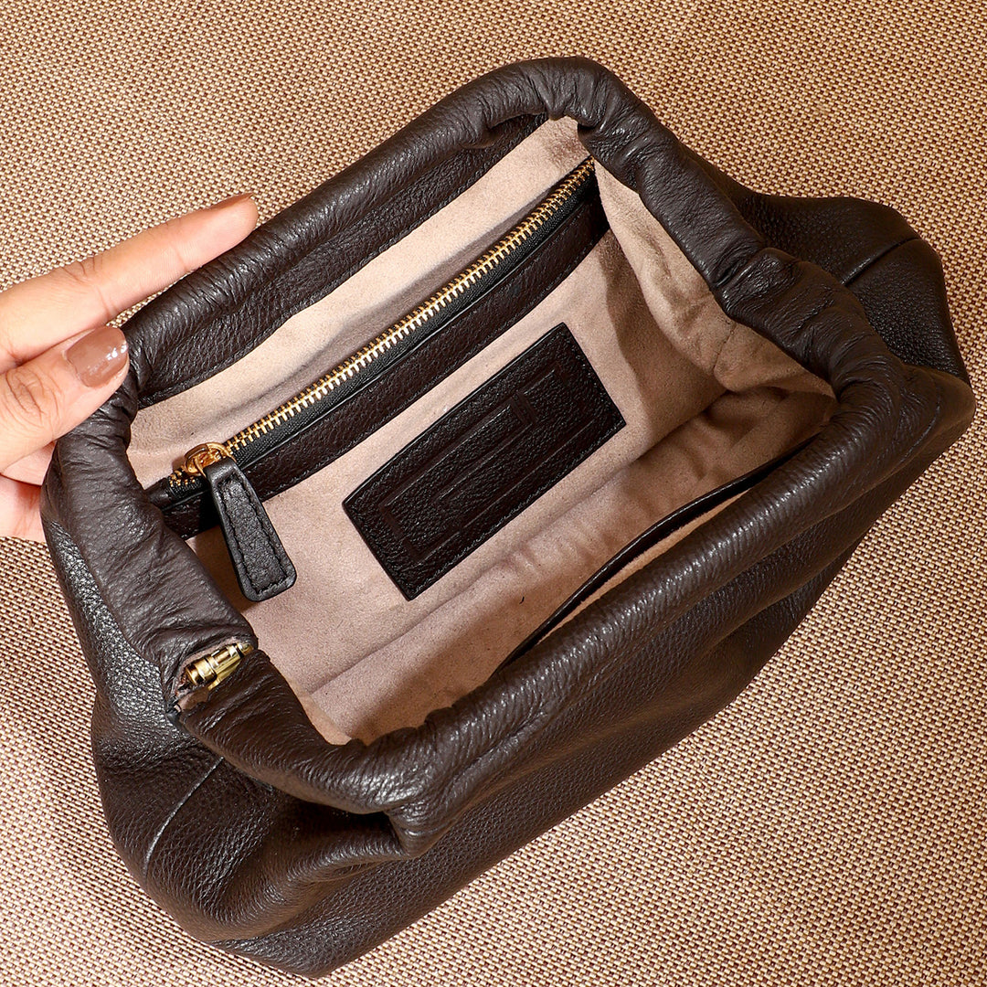 Personalized Dark Brown Slouch Leather Clutch With Sling