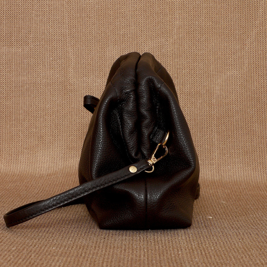 Personalized Dark Brown Slouch Leather Clutch With Sling