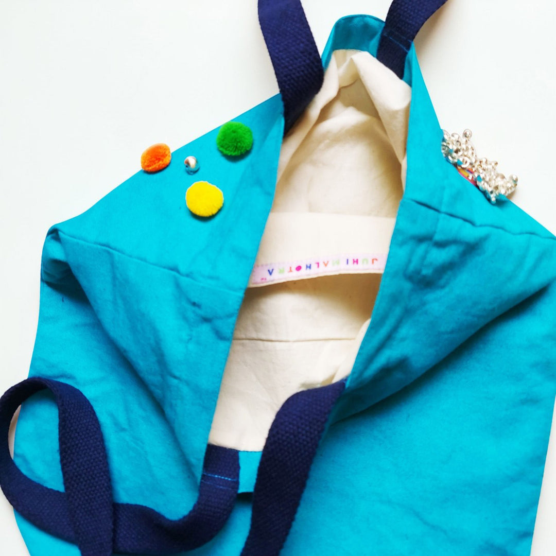 Hand-Embroidered Dori Work Turquoise Nakhrewali Tote Bag