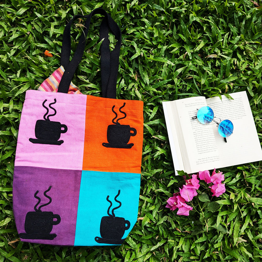 Hand-Embroidered Dori Work Coffee Time Tote Bag