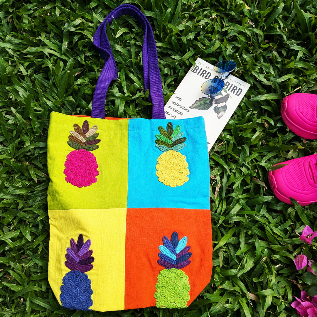 Hand-Embroidered Dori Work Vibrant Pineapple Tote Bag