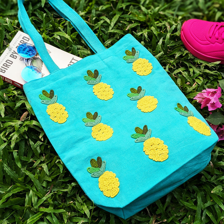 Hand-Embroidered Dori Work Teal Pineapple Tote Bag