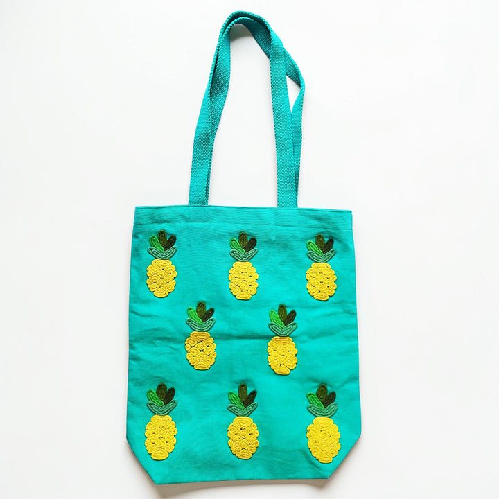 Hand-Embroidered Dori Work Teal Pineapple Tote Bag