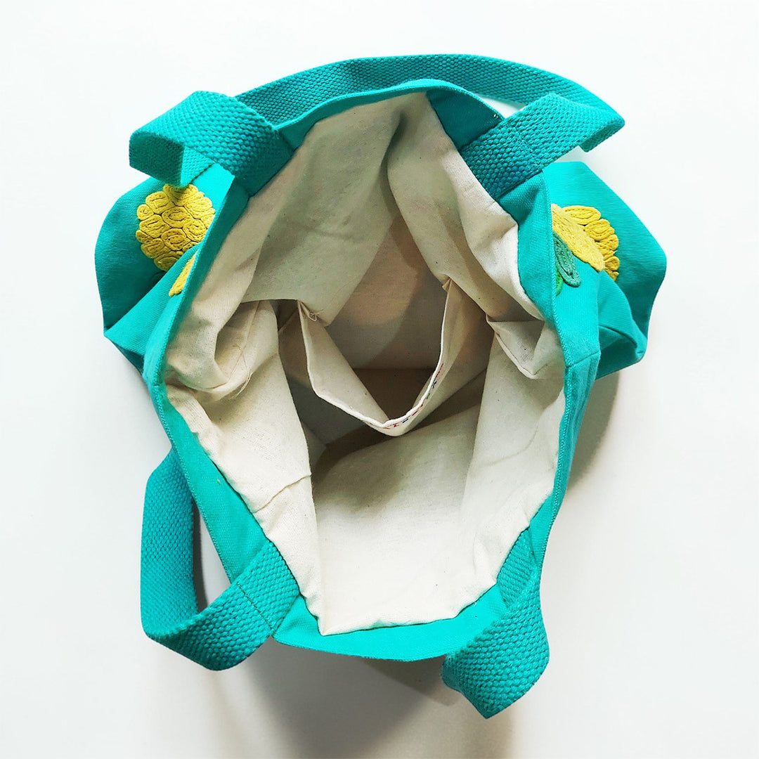 Hand-Embroidered Dori Work Teal Pineapple Tote Bag