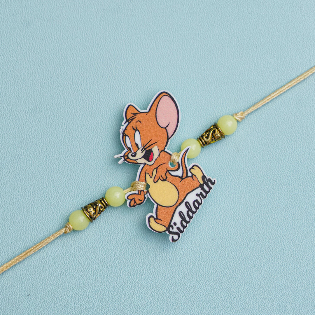 Personalized Handmade Tom And Jerry Acrylic Kids Rakhi With Roli Chawal - Front View with Name Personalization (3)