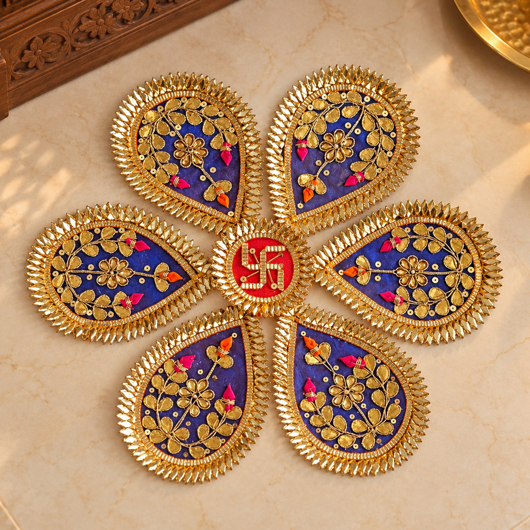 7 Pc | Handmade Neela Gota Patti Blue Floral Swastik Rangoli for Pooja & Festive Decor