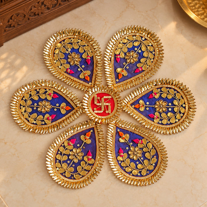7 Pc | Handmade Neela Gota Patti Blue Floral Swastik Rangoli for Pooja & Festive Decor