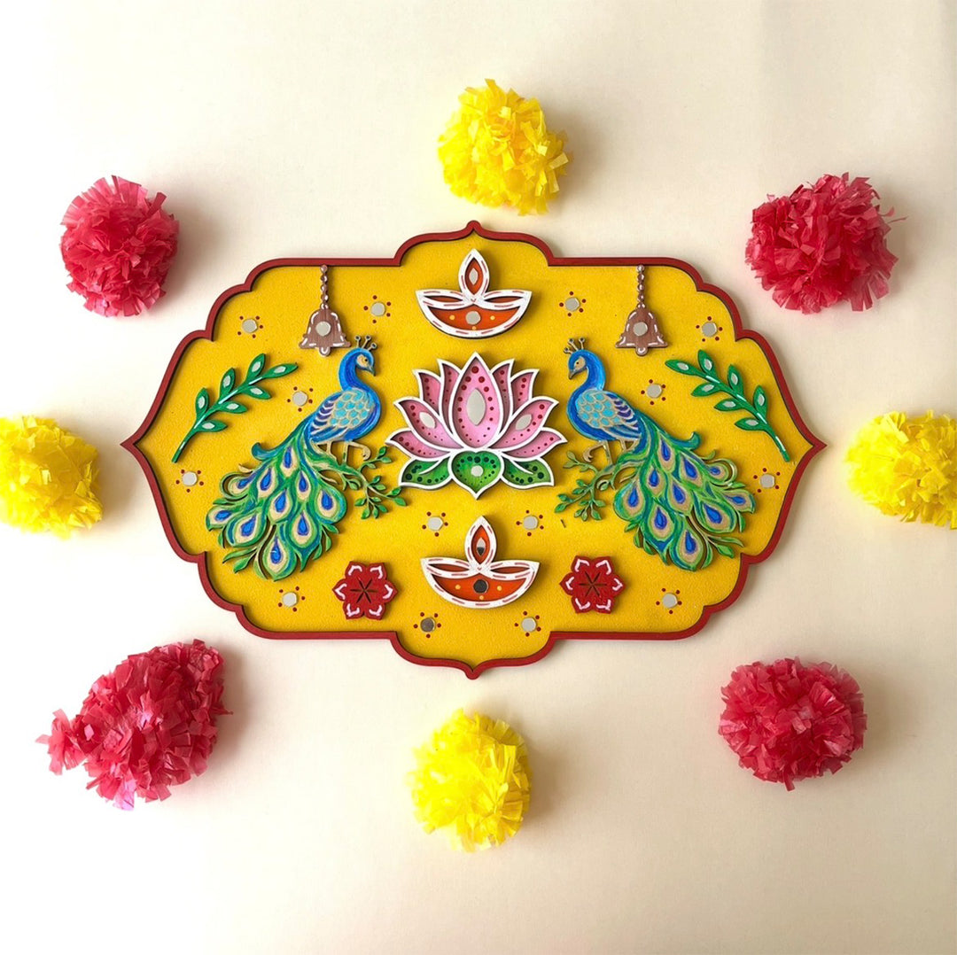 Hand-Painted Peacock & Lotus Jharokha Mdf Rangoli With Mirror Work For Festive Decor
