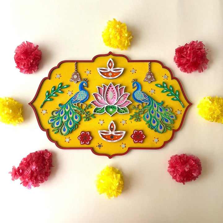 Hand-Painted Peacock & Lotus Jharokha Mdf Rangoli With Mirror Work For Festive Decor