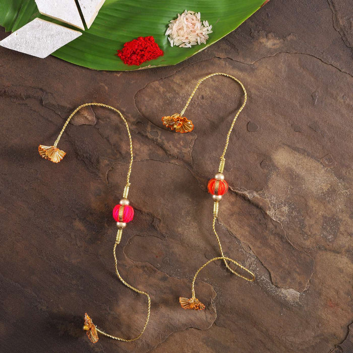 Handmade Beaded Jhilmil Gota Rakhi With Roli Chawal | Set of 2