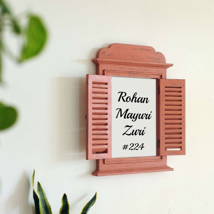 Jharokha Window Personalised Distress Finish Pine Wood Nameplate