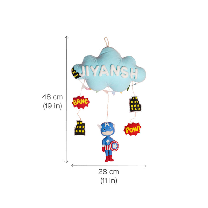 Handcrafted Personalized Cloud Theme Name Plate For Kids 4 - Dimension Chart with Hanging Display