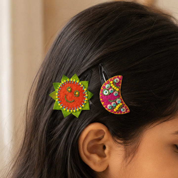 Handmade Orange & Pink Sun Moon Hair Clips | Set of 2