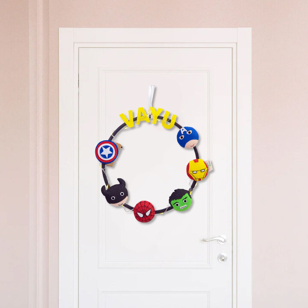 Personalized Superhero Theme Fairy Lights Kid's Felt Hoop Nameplate