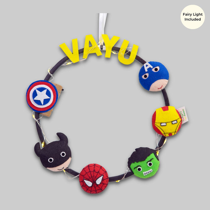 Personalized Superhero Theme Fairy Lights Kid's Felt Hoop Nameplate